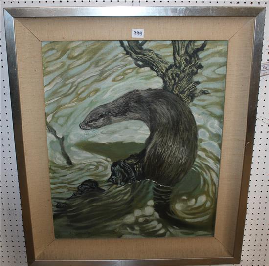 John Barber, oil on canvas board - Fishing otter(-)